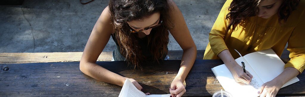 Duas mulheres lendo algo e escrevendo; Planejando algo