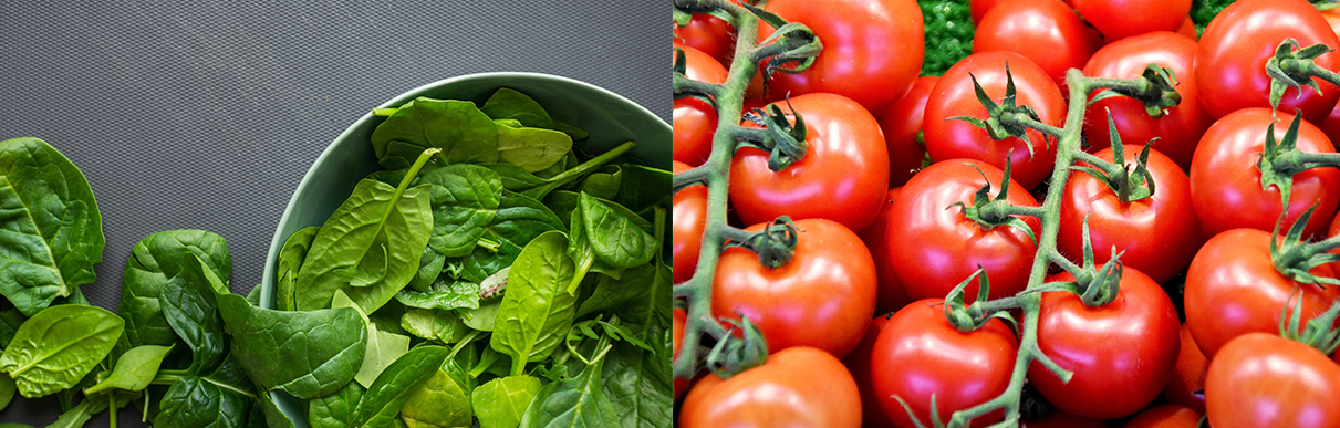 Verdura com folhas verdes e tomates: alimentos com fibra que são bons para o intestino