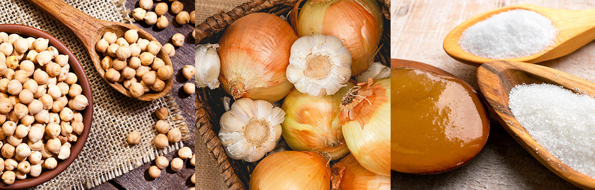Três imagens lado a lado representando grãos, alho, cebola e mel