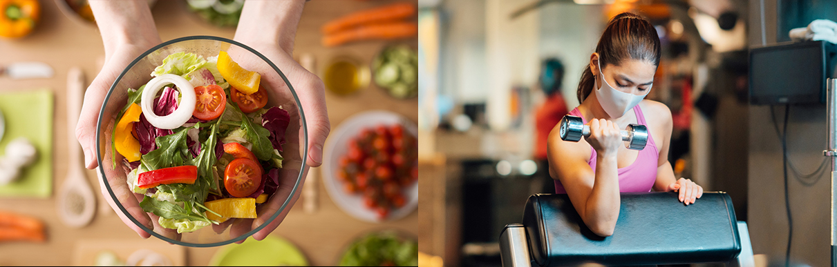 Tigela de salada ao lado da imagem de uma mulher levantando pesos de exercício