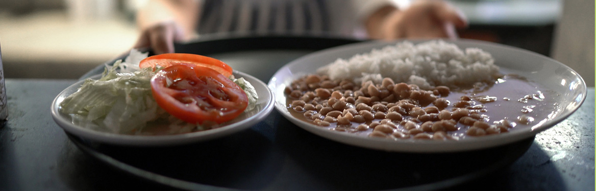 Um prato de arroz e feijão ao lado de um prato de salada de repolho e tomate